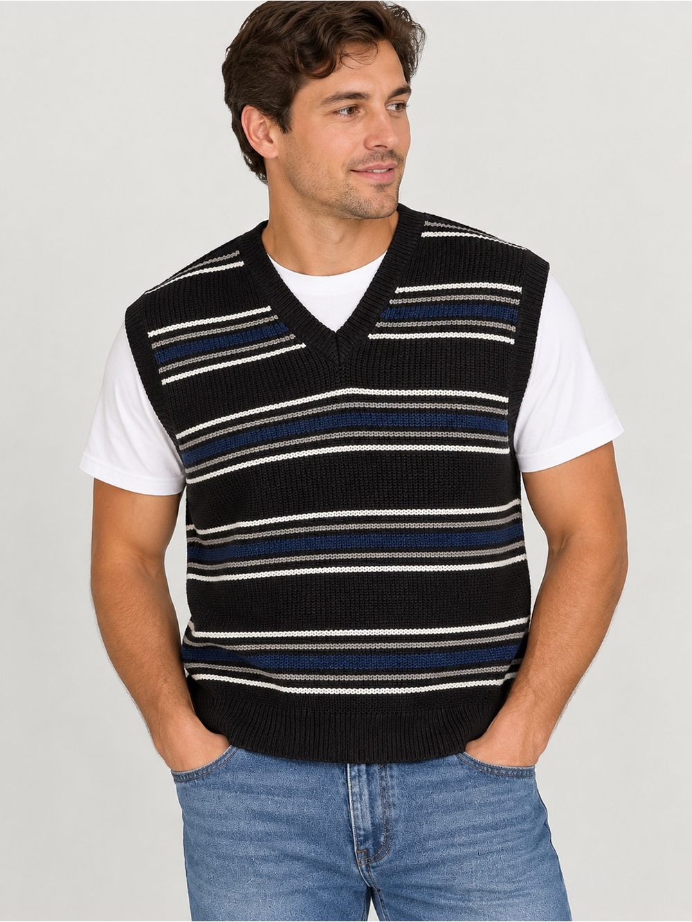 Men's Black Striped V-Neck Sweater Vest